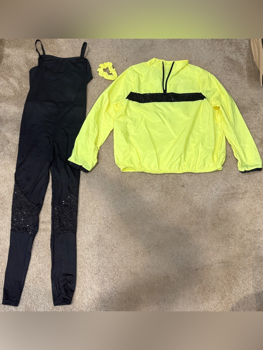 Weissman Black Sequin Legging Jumpsuit with Neon Yellow Pullover